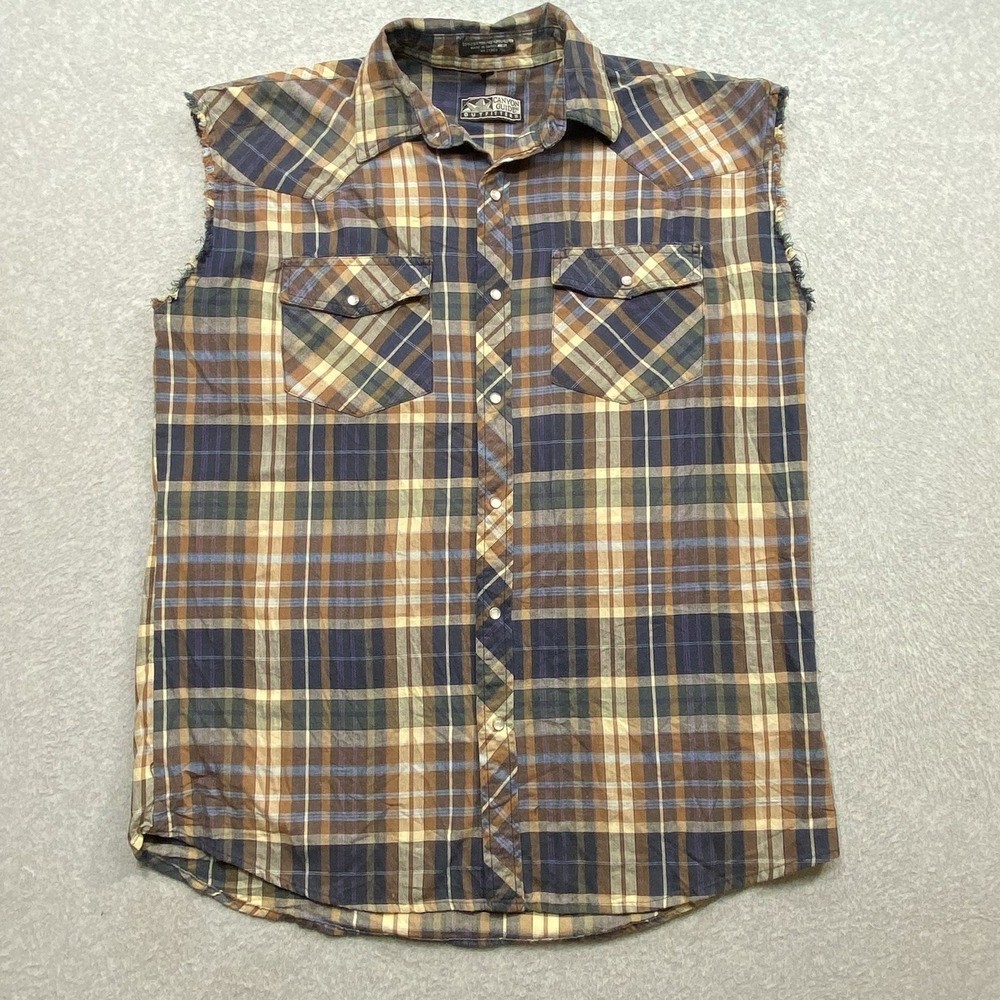Sleeveless Plaid Pearl Snap Canyon Guide Outfitters Button Down Shirt Men's Sz L